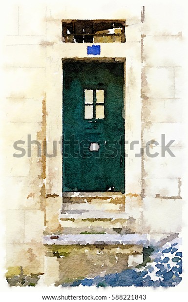 Digital Watercolor Painting Green Door Window Stock Illustration