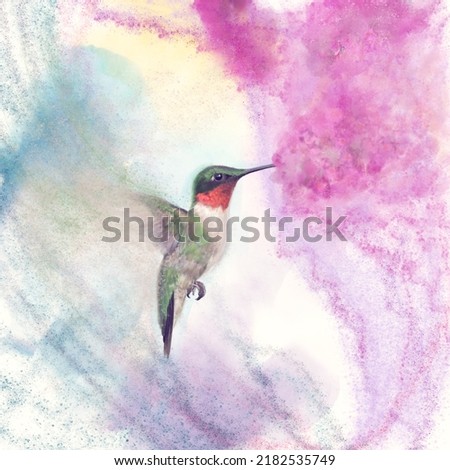 Digital Watercolor Painting of Hummingbird and flowers
