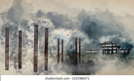 Digital watercolor painting of Landscape image of derelict Victorian West Pier at Brighton in West Sussex with moody evening sky - Shutterstock ID 1319380571