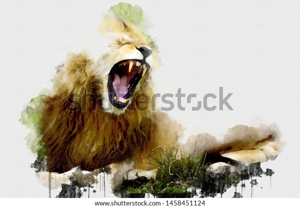 Digital watercolor painting of a Lion King relaxing on a warm day. Isolated 3d painting of Brown lion. Abstract Animal Wallpaper