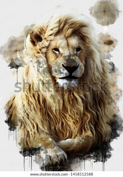 獅子水彩デジタル画 デジタルアート 暖かい日にくつろぐライオンの王様の美しい画像を描いた デジタル水彩画 茶色のライオンの絵 抽象的な動物の壁紙 の イラスト素材