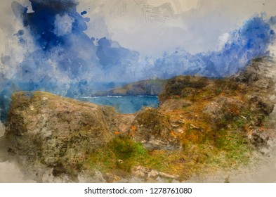 Digital watercolor painting of Lizard Point and lighthouse, the most Southerly point in Britain
