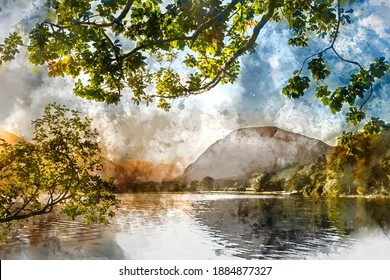 Digital watercolor painting of Lovely sunrise landscape image looking along Loweswater towards wonderful light on Grasmoor and Mellbreak mountains in Lkae District
