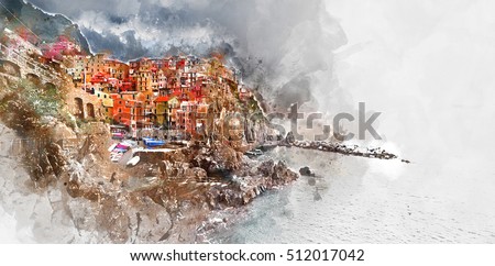 Digital watercolor painting of Manarola. Manarola is a small coastal village in the Italian region of Liguria, Cinque Terre. Province of La Spezia.  Italy