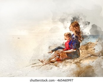 Digital watercolor painting mother   daughter sitting rock near the sea