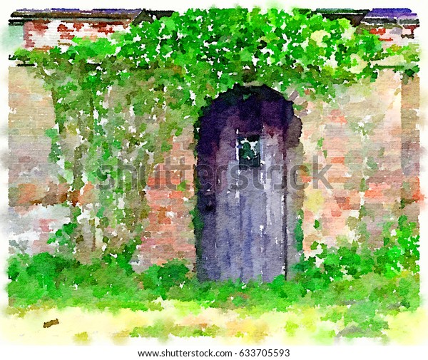 Digital Watercolor Painting Old Wooden Door Stock