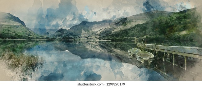 Digital watercolor painting of Panorama landscape rowing boats on lake with jetty against mountain range background