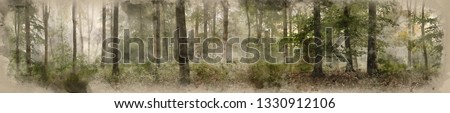 Digital watercolor painting of Panorama landscape image of Wendover Woods on foggy Autumn Morning.