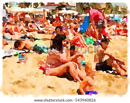 Digital watercolor painting of people on the sandy beach in Barcelona Spain on a sunny day with space for text. Sunbathers relaxing and enjoying the sunshine.