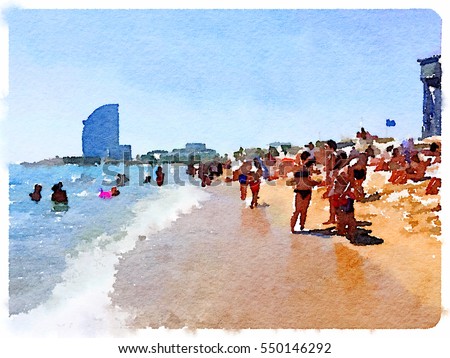 Digital watercolor painting of people on the sandy beach and in the water in Barcelona Spain on a sunny day with space for text. Sunbathers and swimmers enjoying the sunshine at the seaside.
