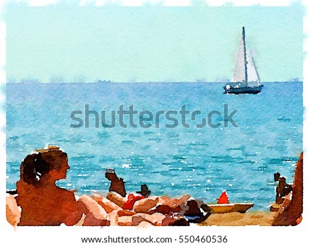 Digital watercolor painting of people on the sandy beach and a sailboat at sea in Barcelona Spain on a sunny day with space for text. Sunbathers and enjoying the sunshine at the seaside.