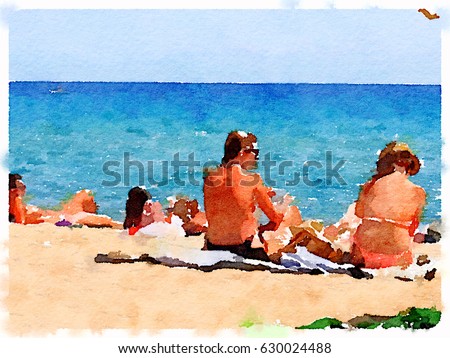 Digital watercolor painting of people on the sandy beach in Barcelona Spain on a sunny day with space for text. Sunbathers relaxing and enjoying the sunshine.