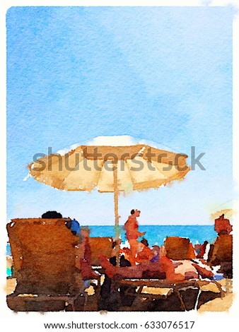 Digital watercolor painting of people on the sandy beach in Barcelona Spain on a sunny day with space for text. Sunbathers relaxing and enjoying the sunshine with parasols and sea in the background.