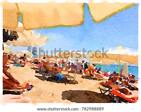 Digital watercolor painting of people on the sandy beach in Barcelona Spain on a sunny day with space for text. Sunbathers relaxing and enjoying the sunshine with parasols.