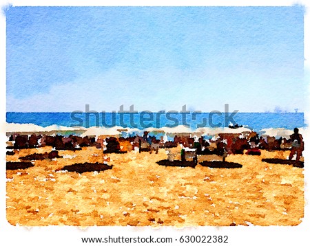 Digital watercolor painting of people sitting on the sandy beach under parasols in Barcelona Spain on a sunny day with the sea and horizon in the background and space for text. 