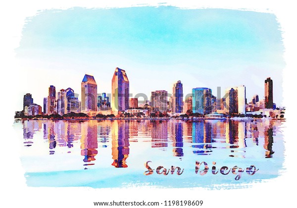 Water color rendition of the skyline of San Diego created using the Jixipix painting apps on sale today