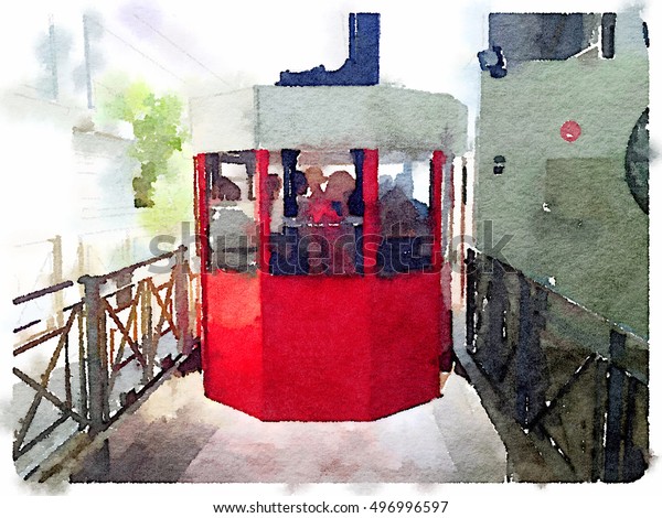 Digital watercolor painting of a red\
cable car leaving the terminal with people inside.\
