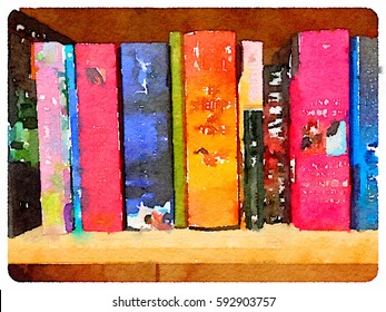 Digital watercolor painting of a row of colorful books on a shelf. Books to celebrate World Book Day.