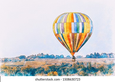 Digital watercolor painting of Saint Emilion Montgolfiades Hot air baloon special event summer destination in france. 