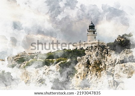 digital watercolor painting of scenic lighthouse on top of rocky cliff at sunset