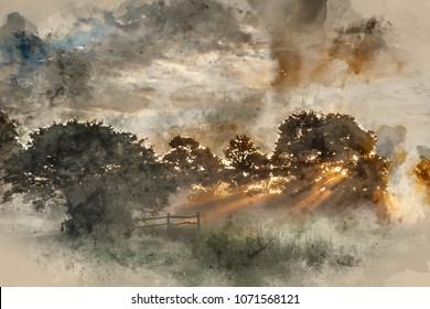 Digital watercolor painting of Stunning vibrant Summer sunrise over English countryside landscape 
