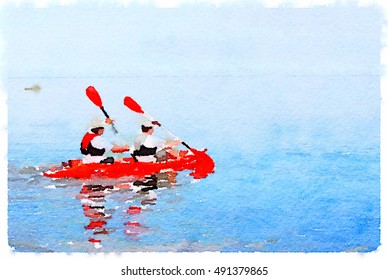 Digital Watercolor Painting Of Two Men Rowing In A Kayak On A Lake. With Space For Text. 