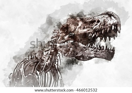 Digital watercolor painting of a Tyrannosaurus rex skeleton