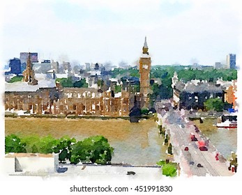 Digital Watercolor Painting Of Westminster, Big Ben And Houses Of Parliament In London, UK. Can Be Used When A New Prime Minister Is Elected.