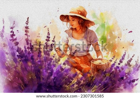 Digital watercolor painting, Works on landscaping in the garden in Provence style. Beautiful girl gardener cuts flowers on a blooming. 