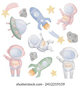 Digital watercolor space clipart. Solar system, astronauts, asteroids, spaceship and stars - Powered by Shutterstock