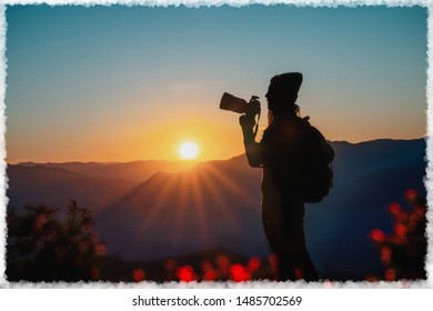 Digital Watercolor young hipster woman photographer taking photo with sunset on mountain natural background. - Powered by Shutterstock