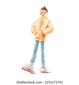 Digital watercolor young tall brunette man puts his hands inside his hoodie pocket isolated white backdrop  Teen stands wears casual fashion clothes yellow hoodie  blue jeans  sneakers red sole 