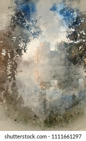 Digital Watercolour Painting Of Beautiful Medieval Castle And Moat At Sunrise With Mist Over Moat And Sunlight Behind Castle