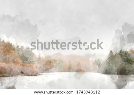 Digital watercolour painting of Beautiful peaceful Autumn Fall landscape of woodland and lake with mist fog during early morning