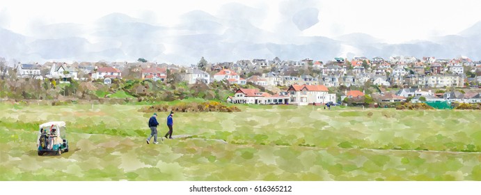 Digital watercolour painting from a photograph of golfers playing in front of the Clubhouse of West Kilbride Golf Club, an 18 hole links course located on the North Ayrshire Coast of Scotland - Powered by Shutterstock