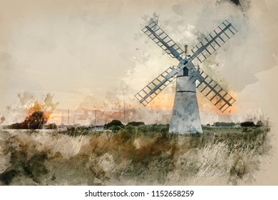 Digital watercolour painting of Stunning landscape of windmill and river at sunrise on Summer morning - Powered by Shutterstock