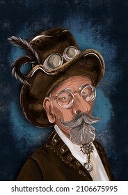 Digital Watercolour Portrait Of An Old Inventor In A Steampunk Style