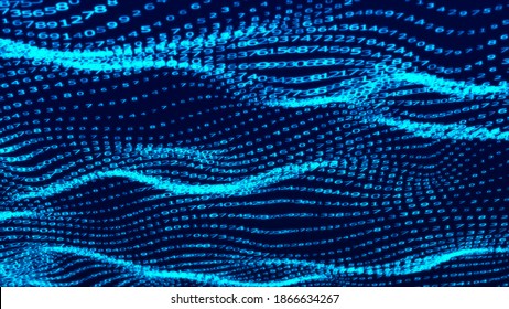 Digital Wave With Many Numbers. Cyberspace Background With Digits Set Of Different Sizes. Big Data Visualization. Technology Or Science Banner 3d Rendering