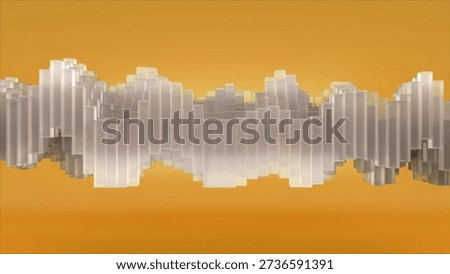 Digital wave pattern made of translucent rectangular blocks representing data flow, sound waves, or frequency, moving across a vibrant orange background