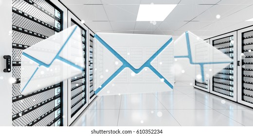 Digital White And Blue Emails Flying Over Server Room Data Center 3D Rendering