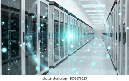 Digital White Earth Network Flying Over Server Room Data Center 3D Rendering