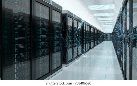 Digital White Earth Network Flying Over Server Room Data Center 3D Rendering