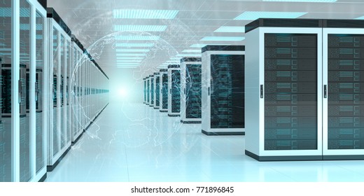 Digital White Earth Network Flying Over Server Room Data Center 3D Rendering