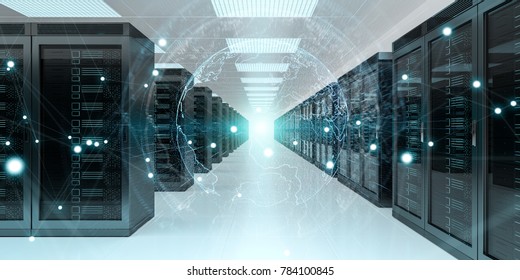 Digital White Earth Network Flying Over Server Room Data Center 3D Rendering