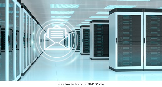 Digital White Emails Exchange Over Server Room Data Center Interior 3D Rendering