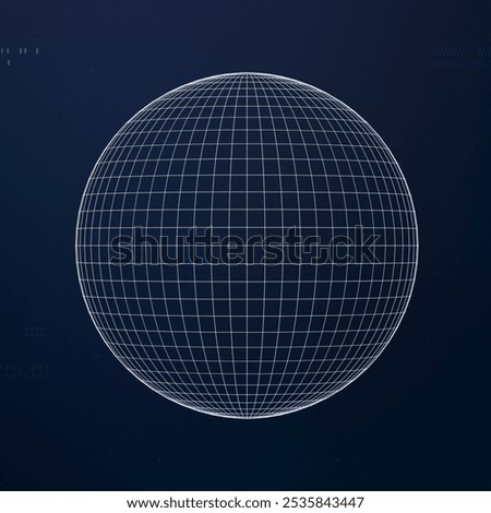 A digital wireframe globe on a dark background. The wireframe globe features a grid pattern. The globe's wireframe design is minimalistic and futuristic. Digital round grid sphere.