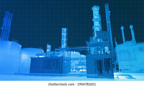 Digital wireframe on scan view from infrarad camera building scan in the dark in oil refinery factory building , 3D rendering for background composite.