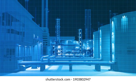 Digital Wireframe Scan View From Infarad Camera Building Scan In The Dark In Oil Refinery Factory Building , 3D Rendering For Background Composite.