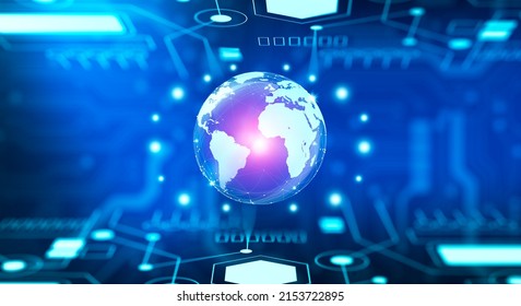 Digital World And Convergence Technology With Abstract Blue Background. Future Of The Internet And Mixed Media. Global Social Network And Business Connection Concept. 3D Illustration.