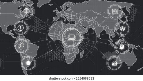 Digital world map with laptop icon and data processing image over continents. Technology, global, network, internet, connectivity, futuristic - Powered by Shutterstock